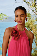 Pink Flower Halter Neck Maxi Dress