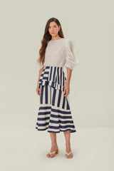 Blue Mixed Stripes Midi Skirt