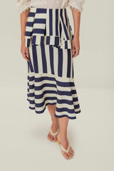 Blue Mixed Stripes Midi Skirt