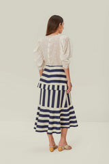 Blue Mixed Stripes Midi Skirt