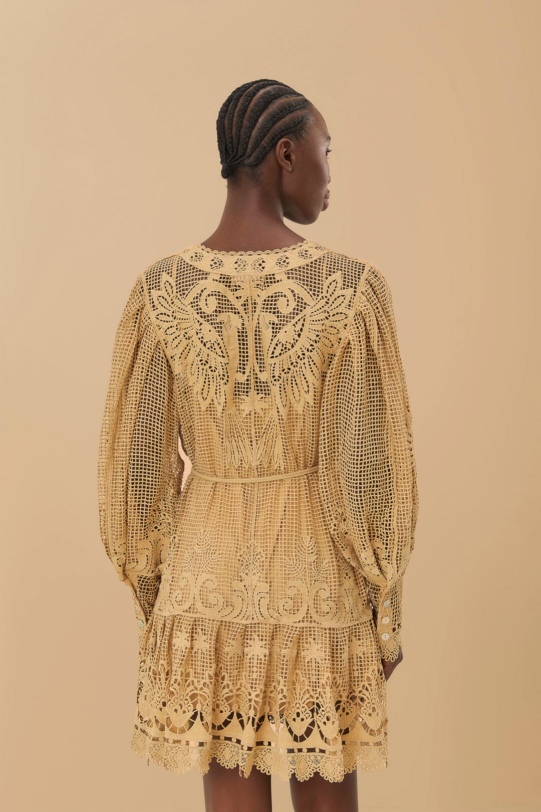 Sand Tropical Flight Guipure Mini Dress