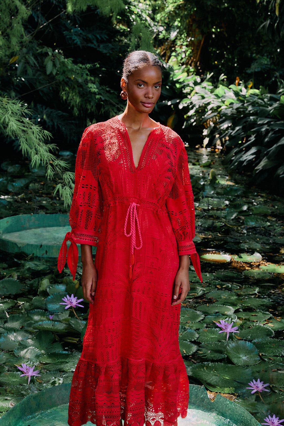 Red Morada Boa Guipure Maxi Dress