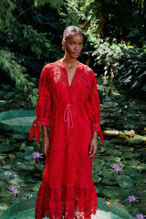 Red Morada Boa Guipure Maxi Dress