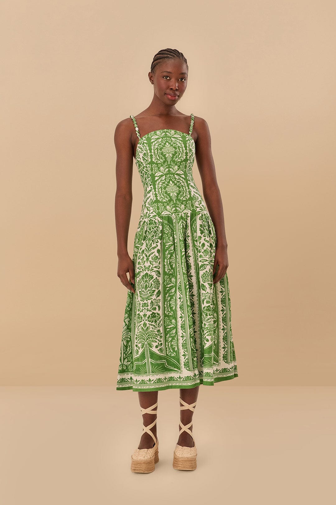 Green Delicate Tapestry Euroflax™ Premium Linen Midi Dress