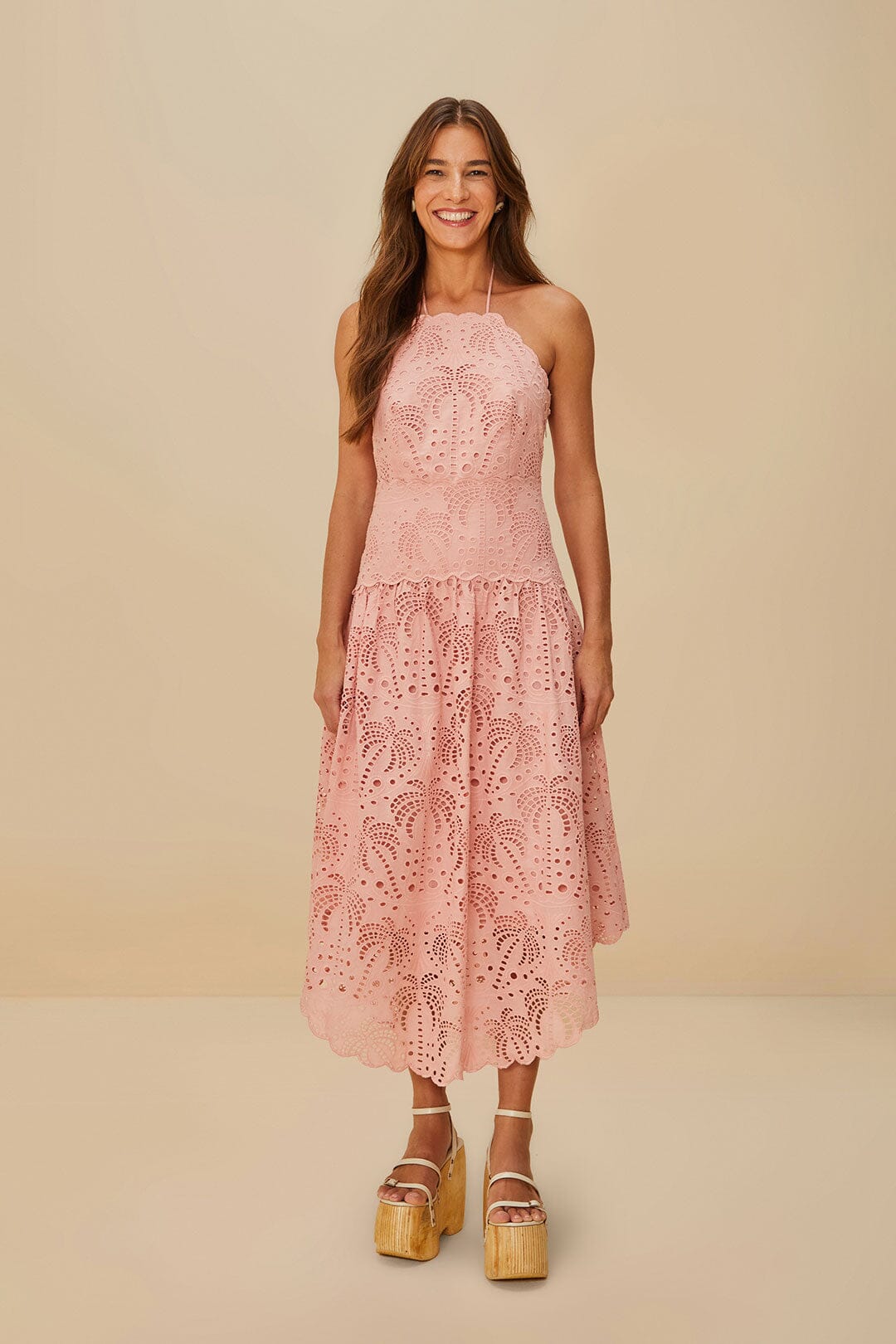 Blush Pink Palm Tree Eyelet Midi Dress