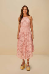 Blush Pink Palm Tree Eyelet Midi Dress