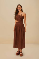 Burgundy Leaves Cut-Out LENZING™ ECOVERO™ Euroflax™ Midi Dress