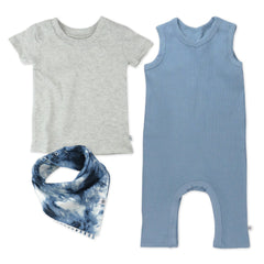 3-Piece Organic Cotton Rib Romper, T-Shirt and Reversible Bib