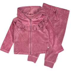 2-Piece Ruffle Velour Zip Up Hoodie and Sweatpant Set