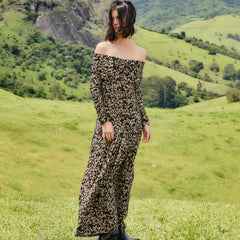 Black Tiny Flowers Long Sleeve Maxi Dress