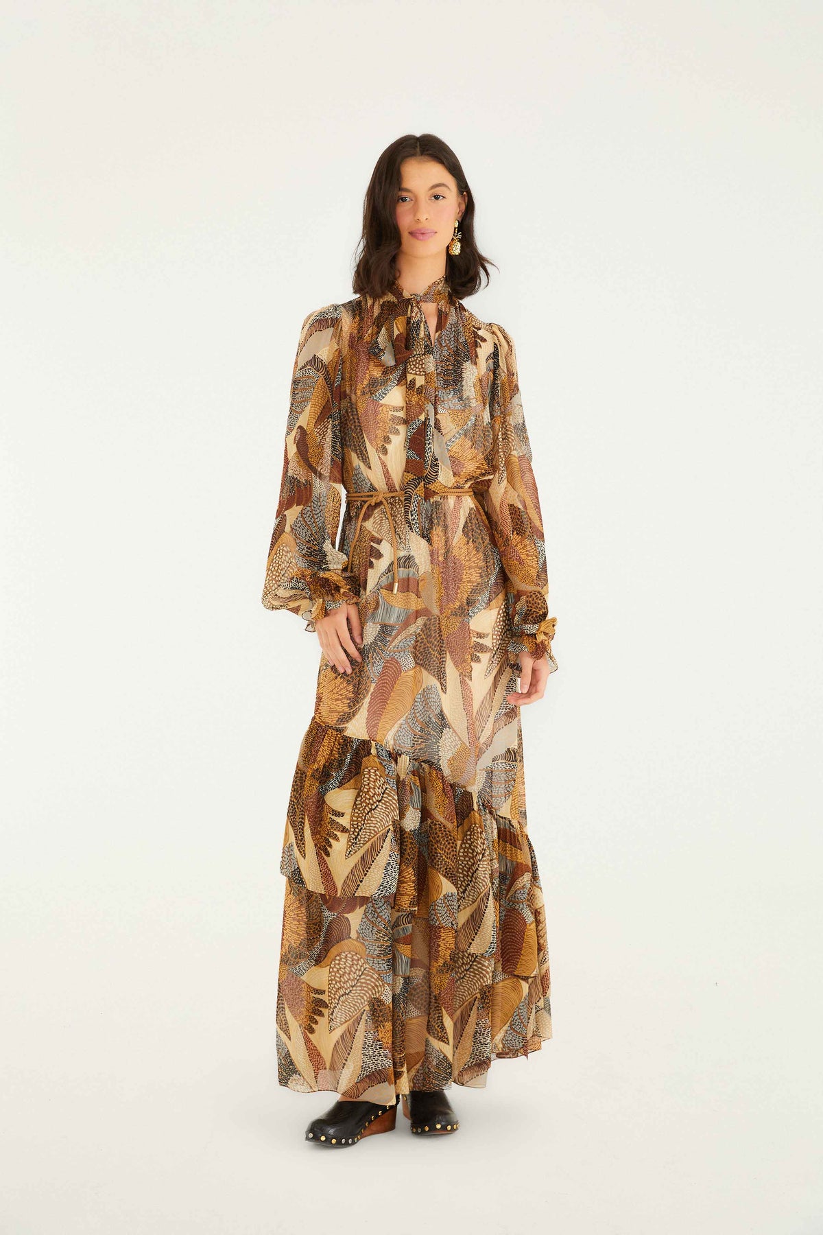 Cream Dotted Macaws Long Sleeve Maxi Dress